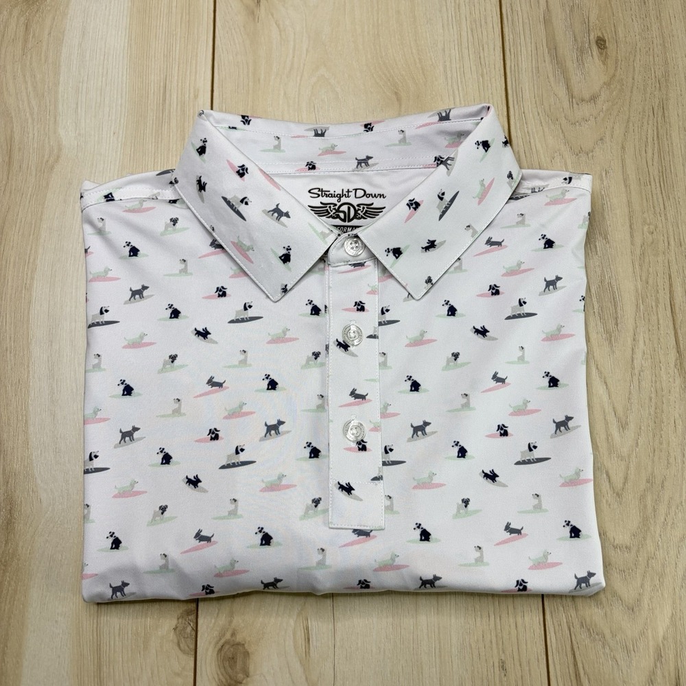 Straight Down Mens Performance Dog Pattern Polo Shirt Size XL Stretch White